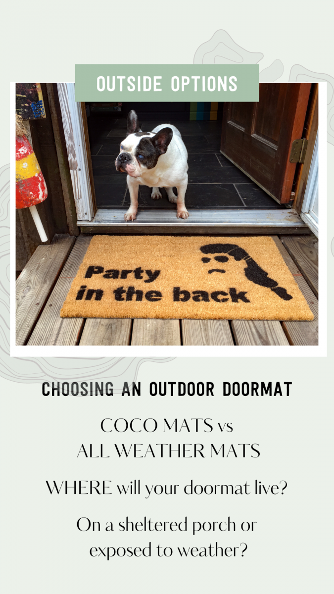 picture of a french bulldog at an open front door with a coir doormat reading party inthe back and a redneck with sunglasses and a mullet